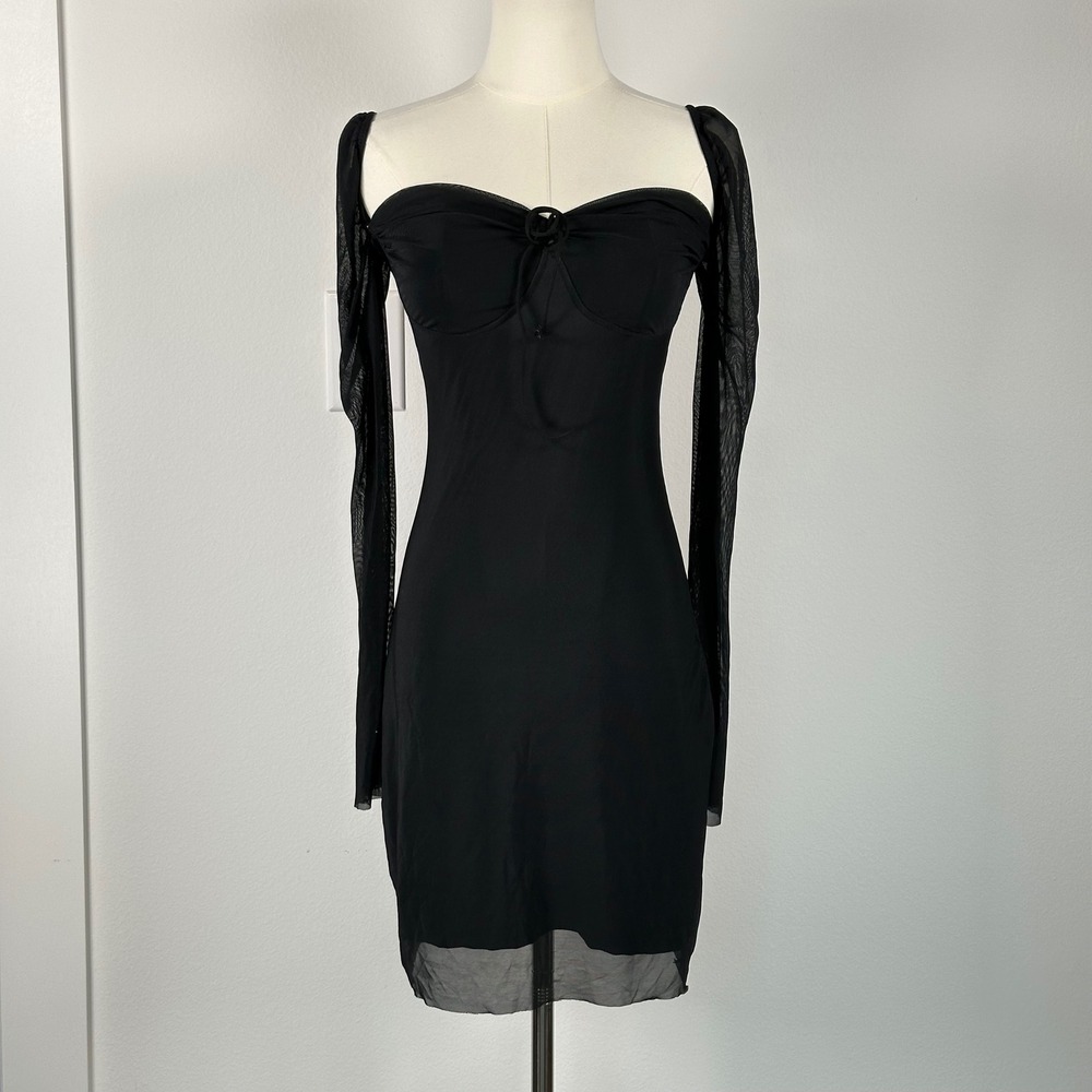 Women's Black Mesh Long Sleeve Bustier Mini Dress M Y2K Dark Romantic Whimsigoth